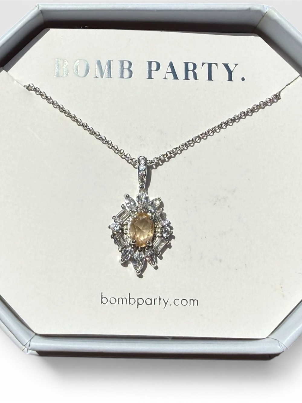 Bomb Party Chase Your Dreams Peach Topaz Pendant Necklace Rhodium Plated NWT